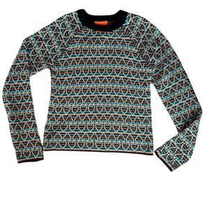 Angus Chiang Men’s Unisex Chunky Knit Interwoven Neon Orange Blue Hearts Sweater